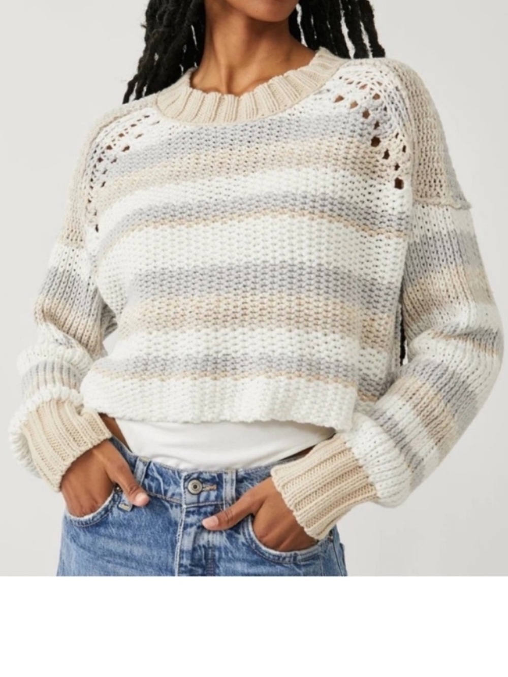 Free People XSmall Sweater Devon Crop Crewneck in Multicolor White Beige NWT